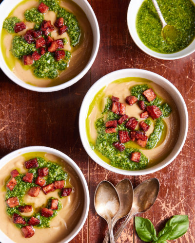 Hearty Cauliflower Soup with Sausage and Pesto