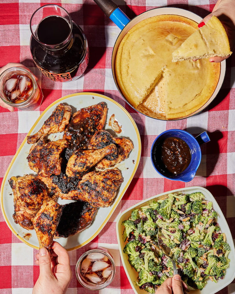 Tamarind Garlic BBQ Chicken, Broccoli Salad and Cornbread Spread